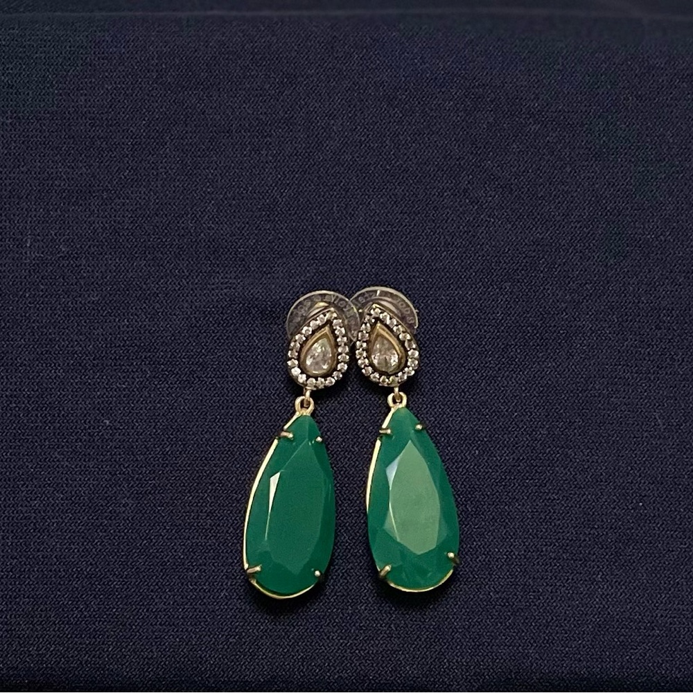 Dangling Green Agate, Clear Rhinestone Teardrop Earrings.